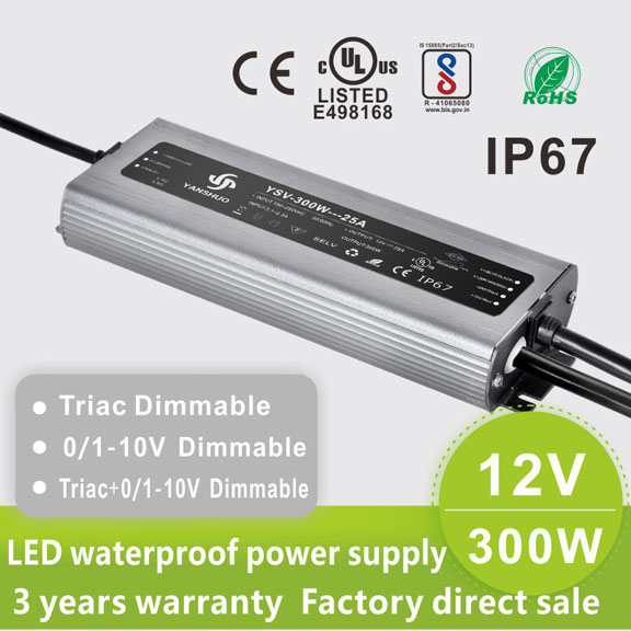 AC110V/220V DC12V 300W 25A UL-Listed LED Waterproof IP67 Triac and 0/1-10V Dimmable LED Dimming Power Supply